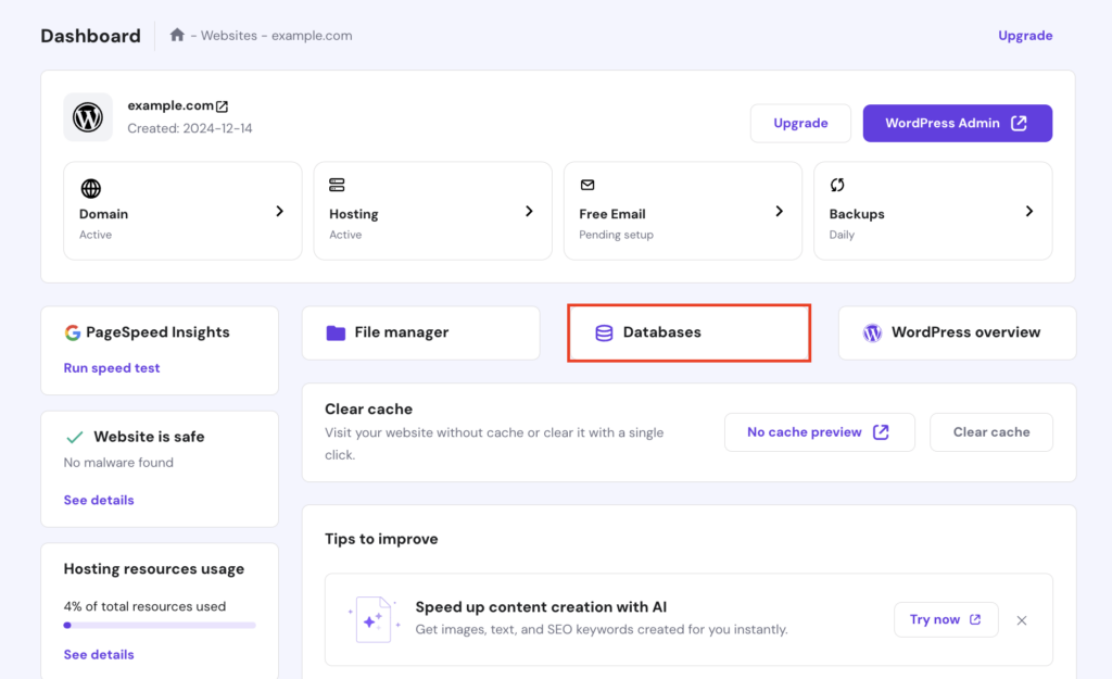 The Databases menu in hPanel dashboard.