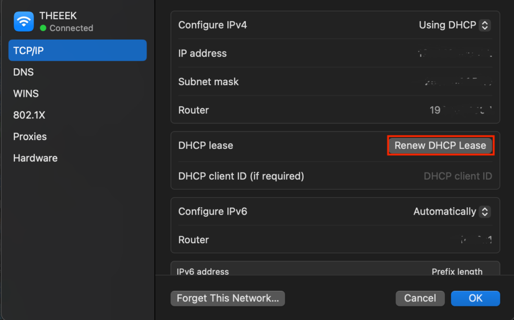 The renew DHCP lease button on MacOS' network settings