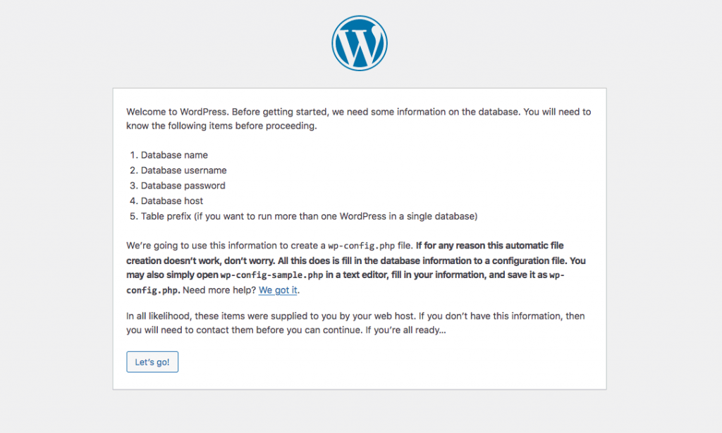 A list of information WordPress needs to create your testing site.
