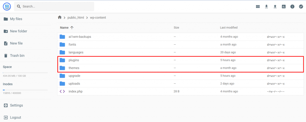 Plugins and themes folder on the hPanel dashboard
