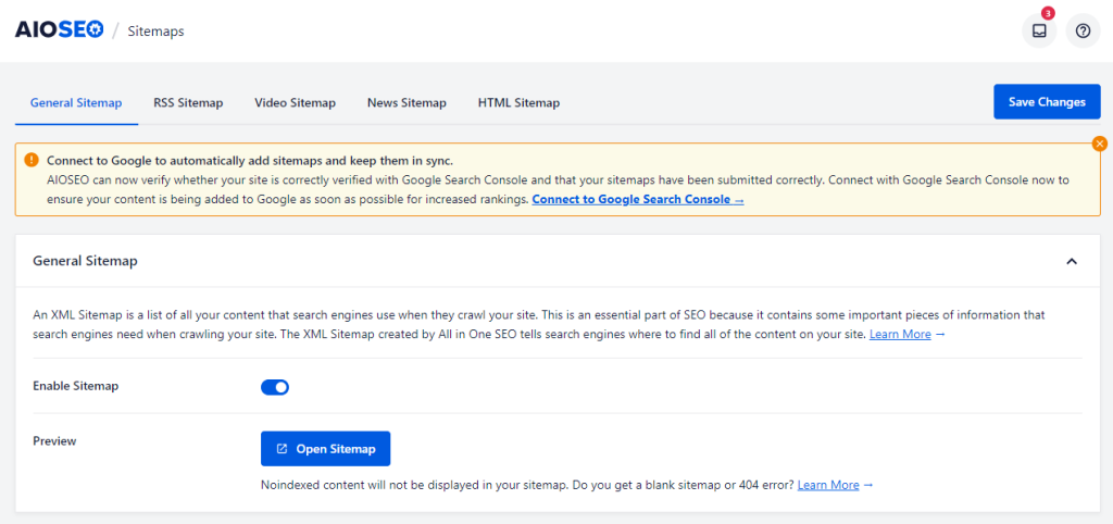 The AIOSEO's XML sitemap configuration interface