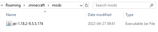 The Just Enough Items .jar file inside the Minecraft mods folder