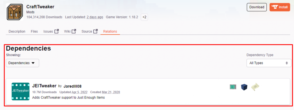 The dependencies list for the CraftTweaker mod on Curseforge.com