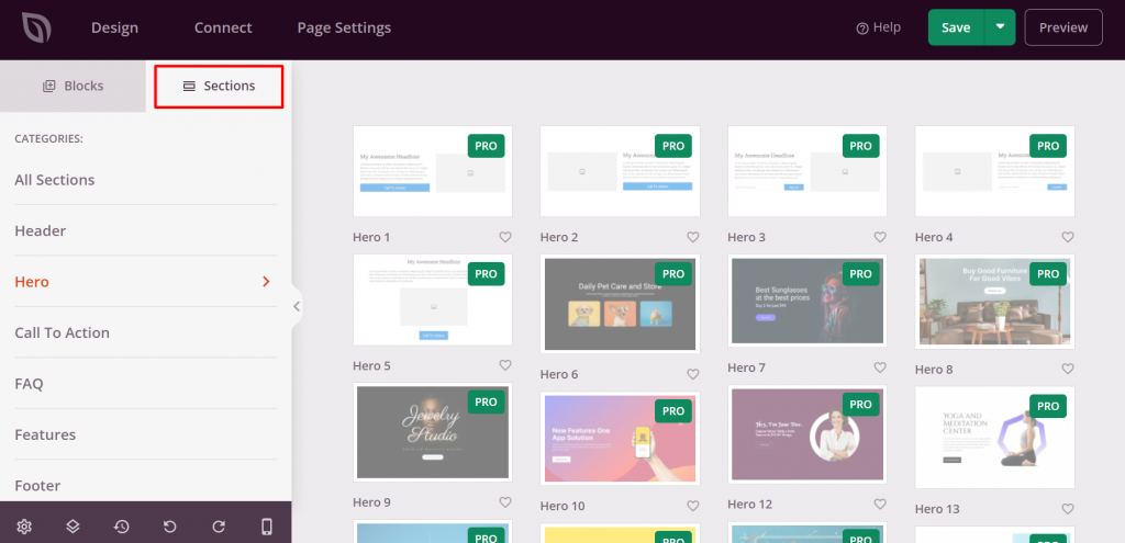 The sections menu where you can find many design categories, such as the header, hero, and call to action, for your landing page
