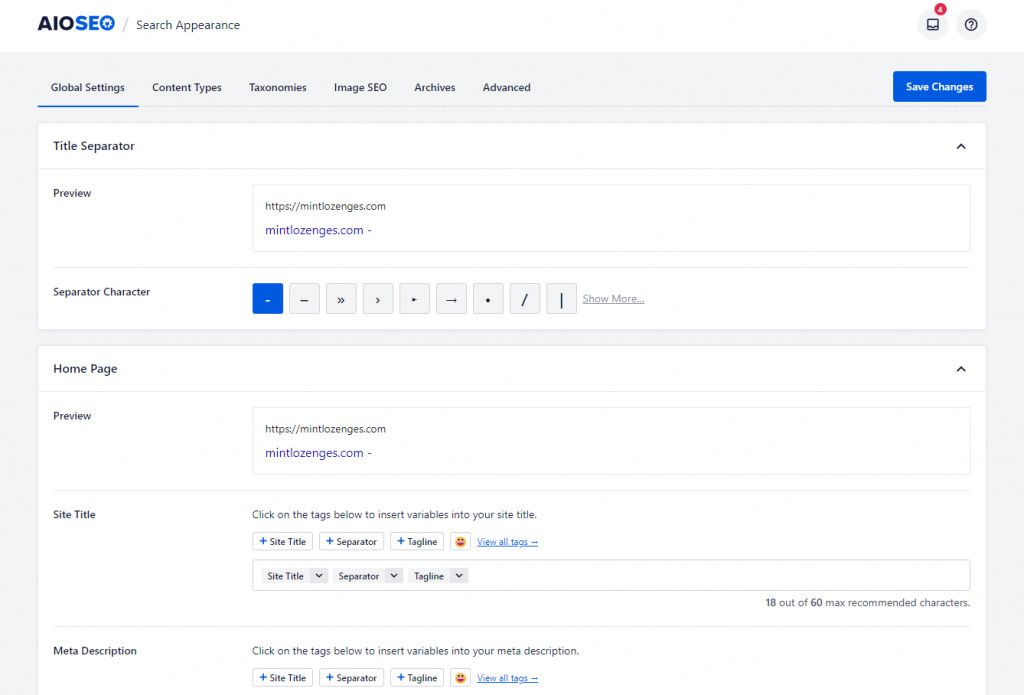 AIOSEO's Search Appearance settings, where you can configure your web pages' meta descriptions and title tags
