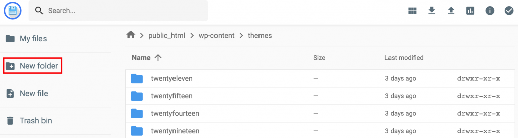 The themes folder in the file manager where you can add new folder to create a child theme