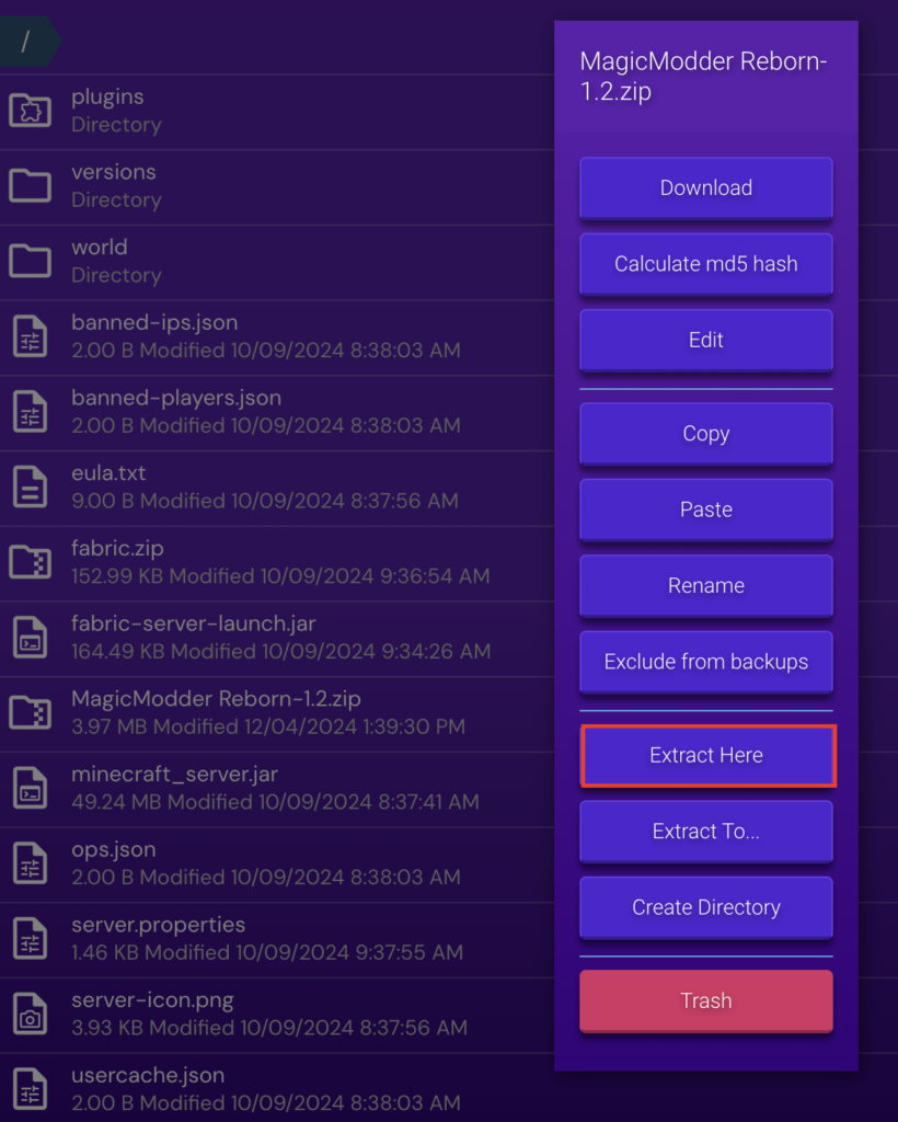 The Extract Here button in Game Panel's File Manager
