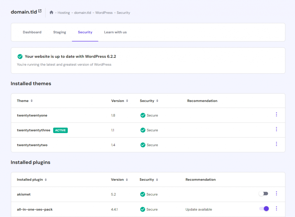 Hostinger's plugin and theme vulnerability checker page