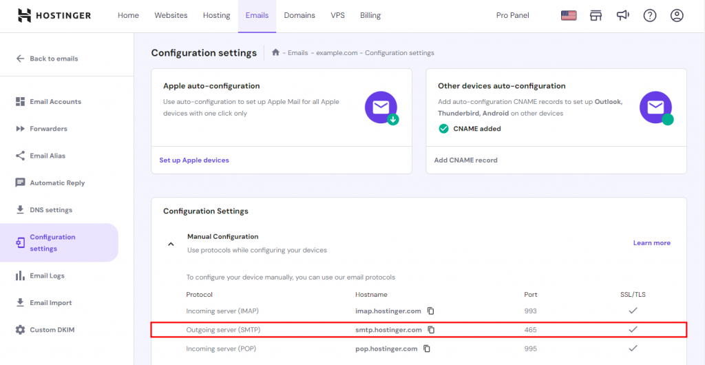 The Configuration settings in hPanel's Email menu with the Outgoing server (SMTP) details highlighted