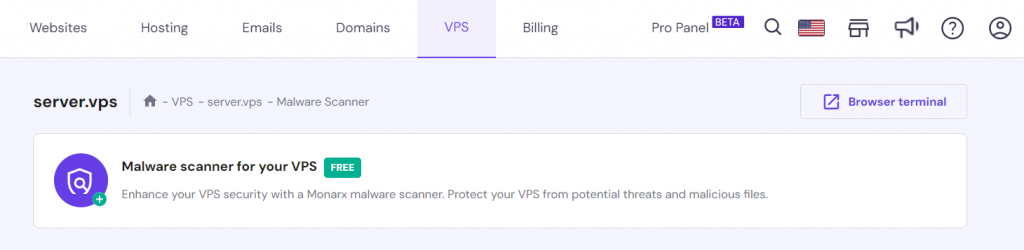 The Monarx malware scanner installation prompt in Hostinger's VPS dashboard