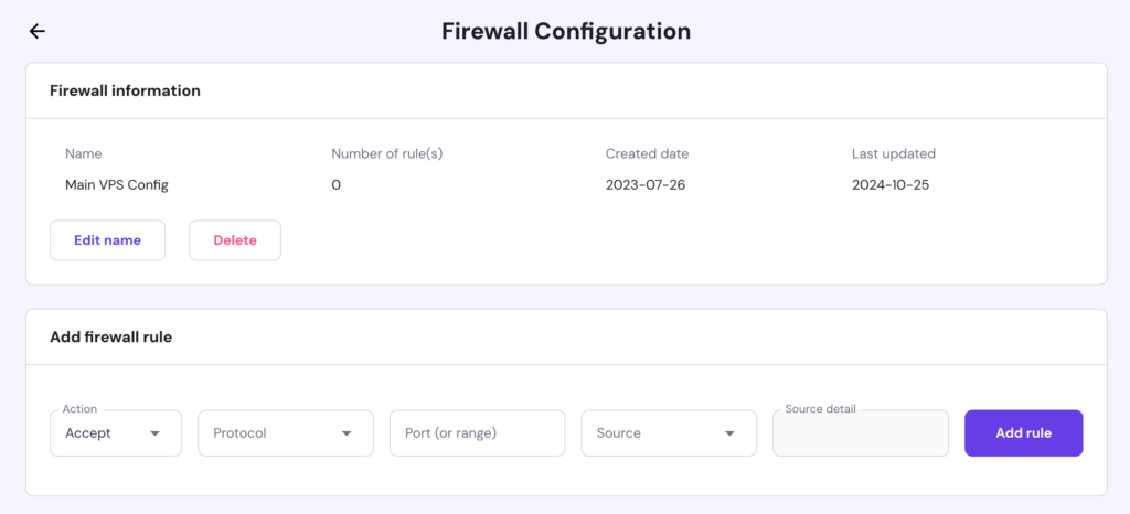 Hostinger's hPanel firewall configuration menu