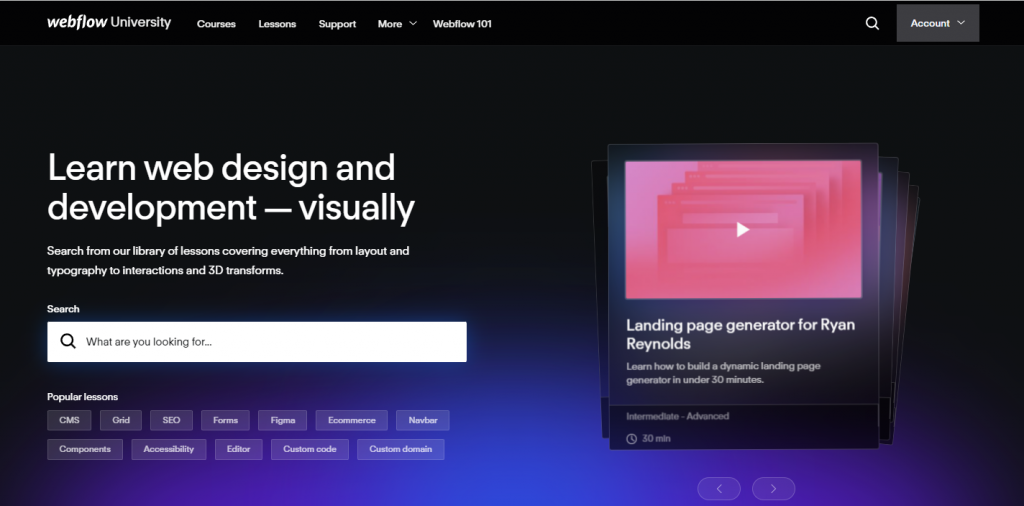 Landing page for Webflow University, the website builder's learning platform