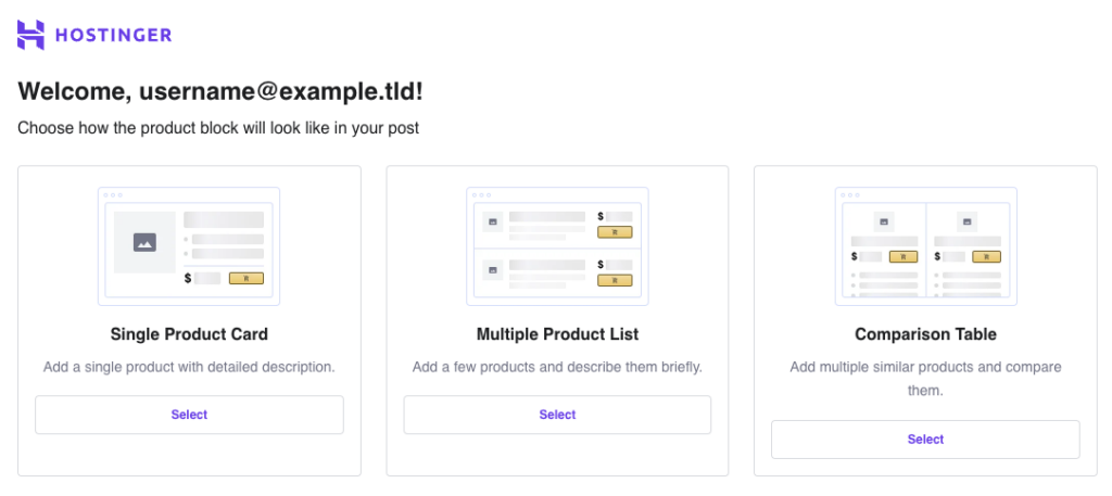 Hostinger Amazon Affiliate Connector product block template options