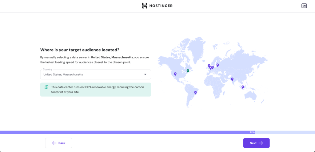 Data center selection during Hostinger onboarding