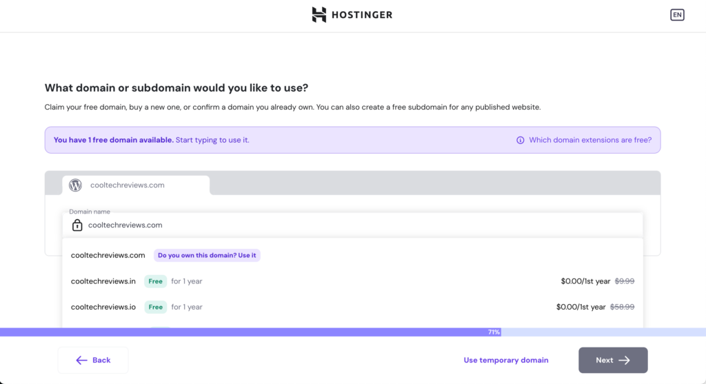 Domain selection during Hostinger onboarding