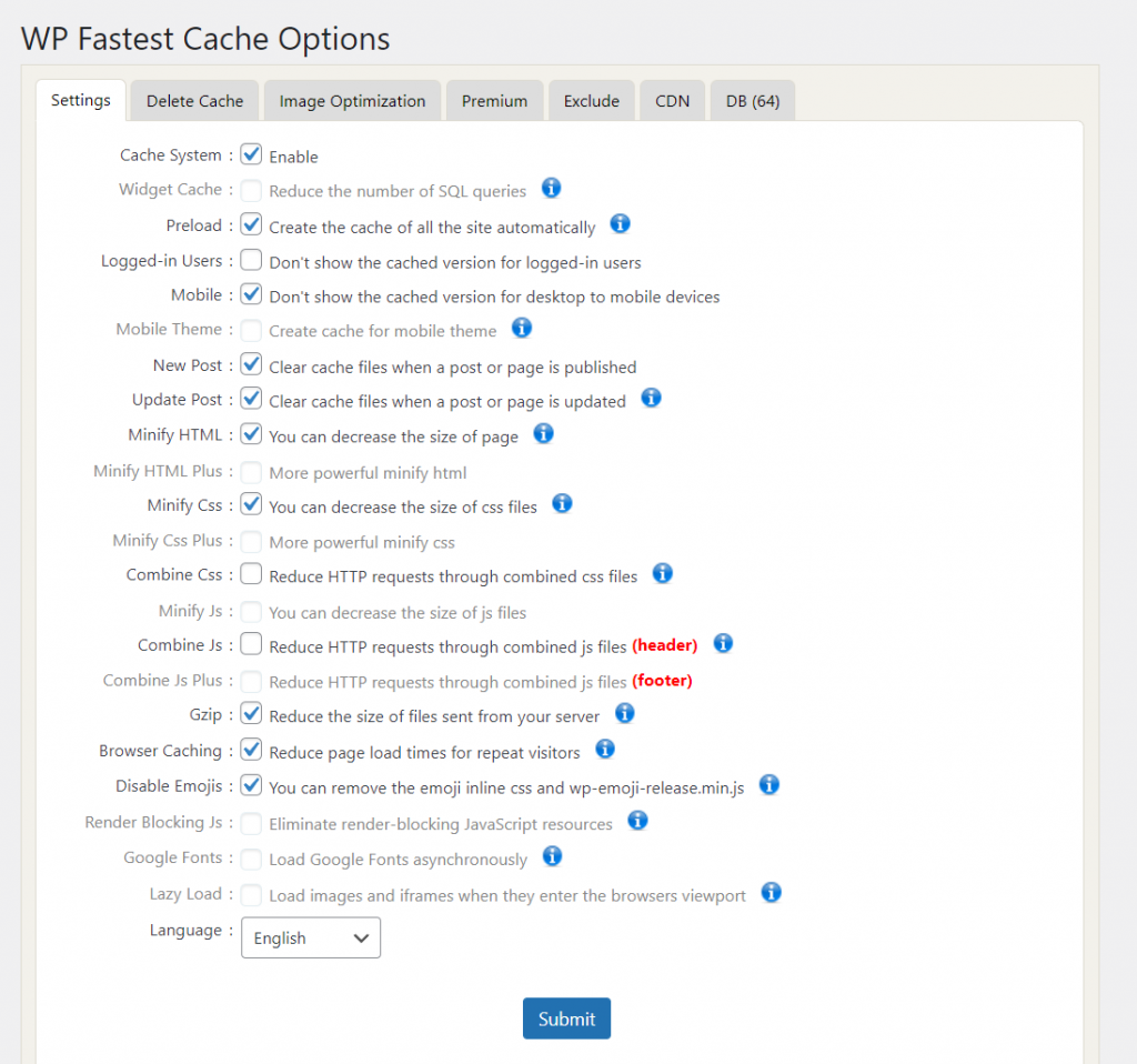 WP Fastest Cache's caching settings consist of checkboxes with explanations