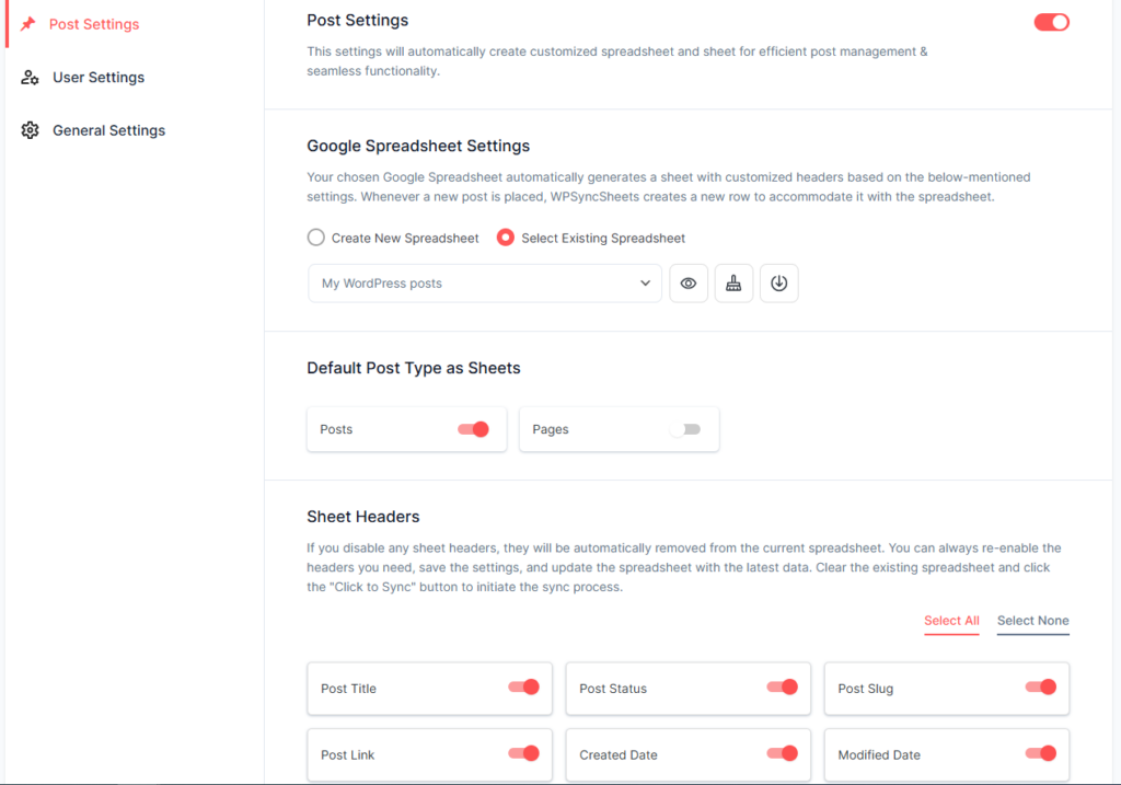 The Post Settings panel of WPSyncSheets