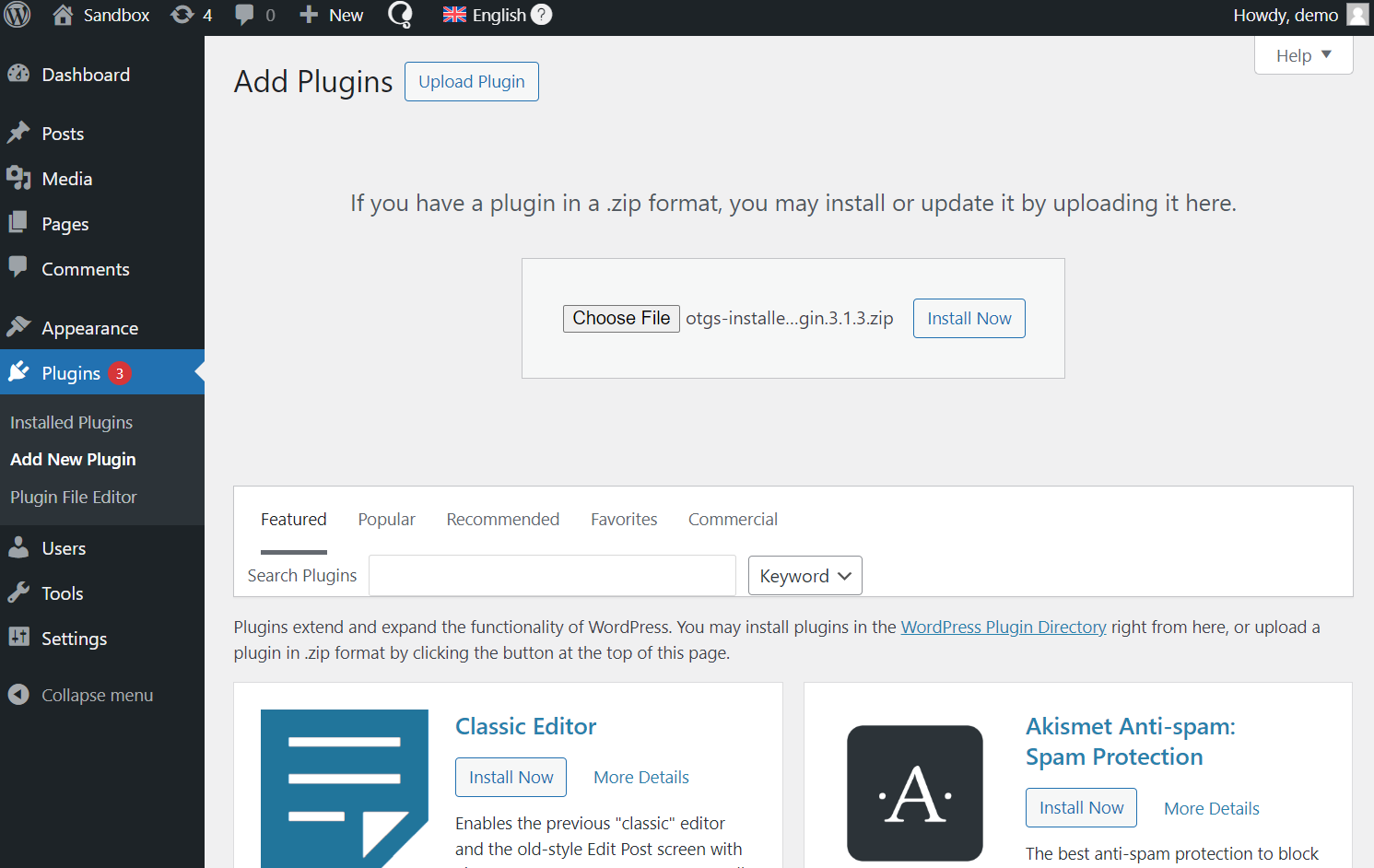 Panel to manually upload the plugin file