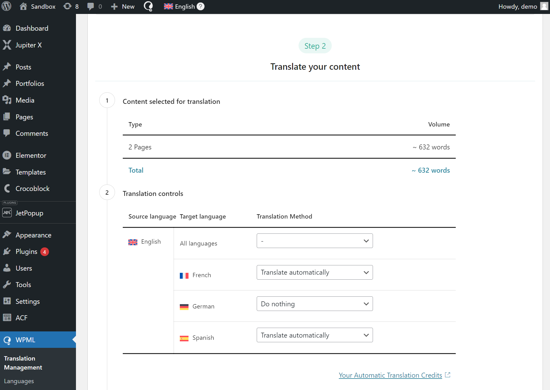 Selecting translation method for the content