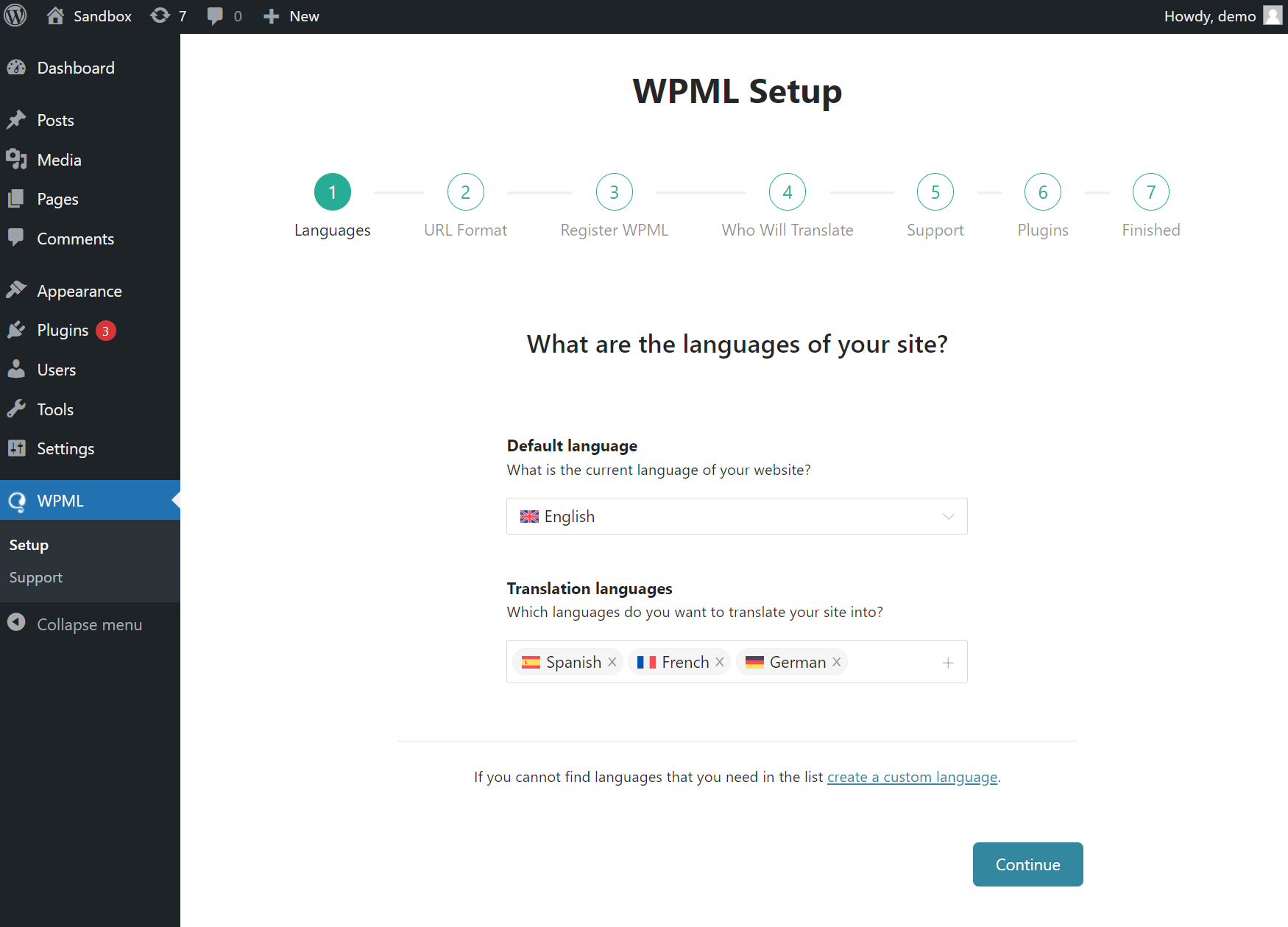 WPML setup screen