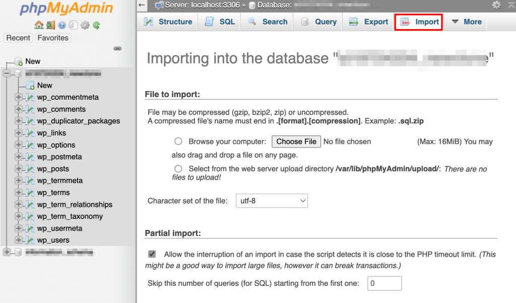 Importing a file into a new database via phpMyAdmin
