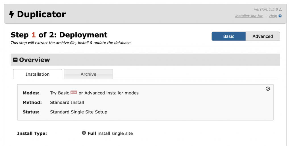 Step 1 of the Duplicator installer process with the Overview section displayed
