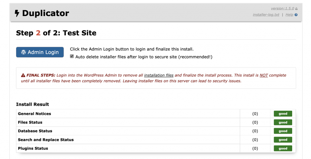 Step 2 of the Duplicator installer process with the Install Result report displayed
