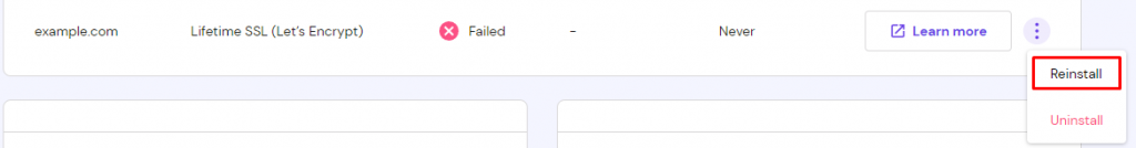The SSL menu on hPanel with the Reinstall option selected