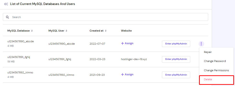 The List of Current MySQL Databases And Users section on hPanel, highlighting the Delete button