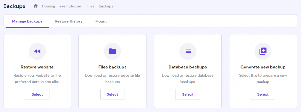 The Backups section on hPanel