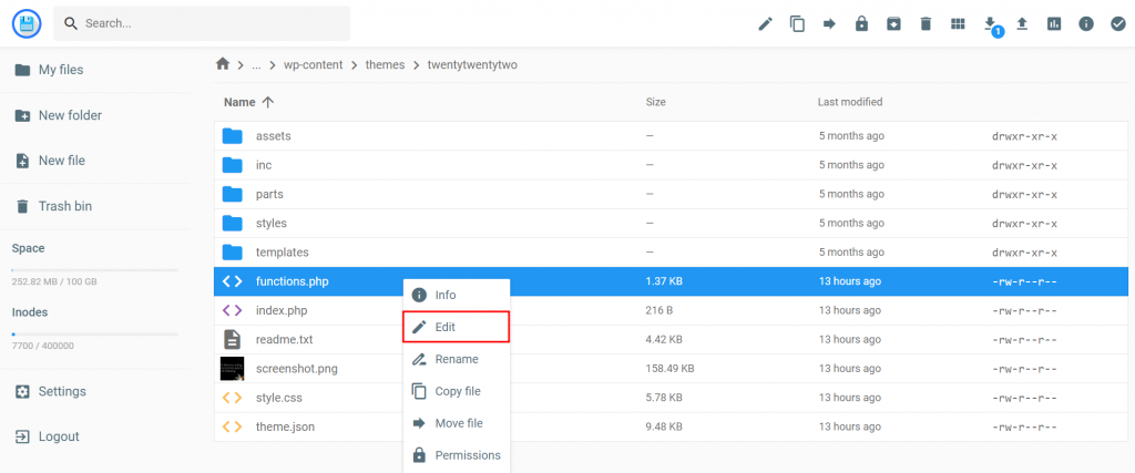 The selected functions.php file in the twentytwentytwo folder with the Edit button highlighted