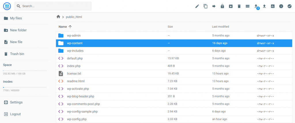 The hPanel File Manager with the wp-content selected