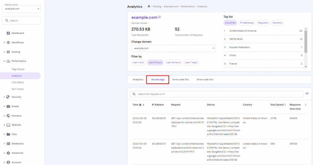 The Analytics menu on hPanel, highlighting the Access logs option