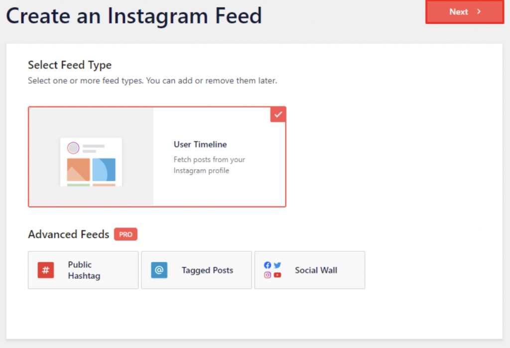 The Create an Instagram Feed page with the Next button highlighted
