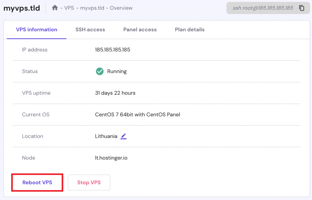 VPS information tab, highlighting the Reboot VPS button