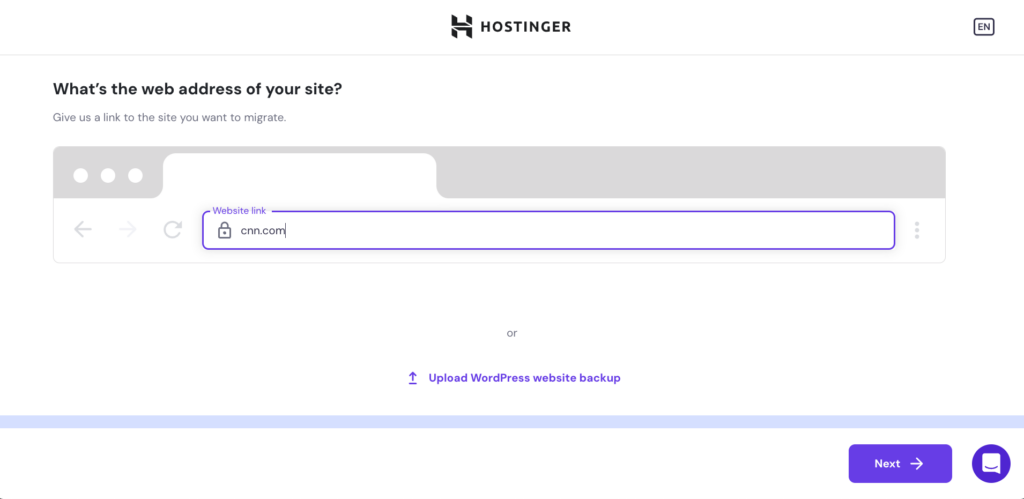 Enter website URL in the Hostinger migration flow