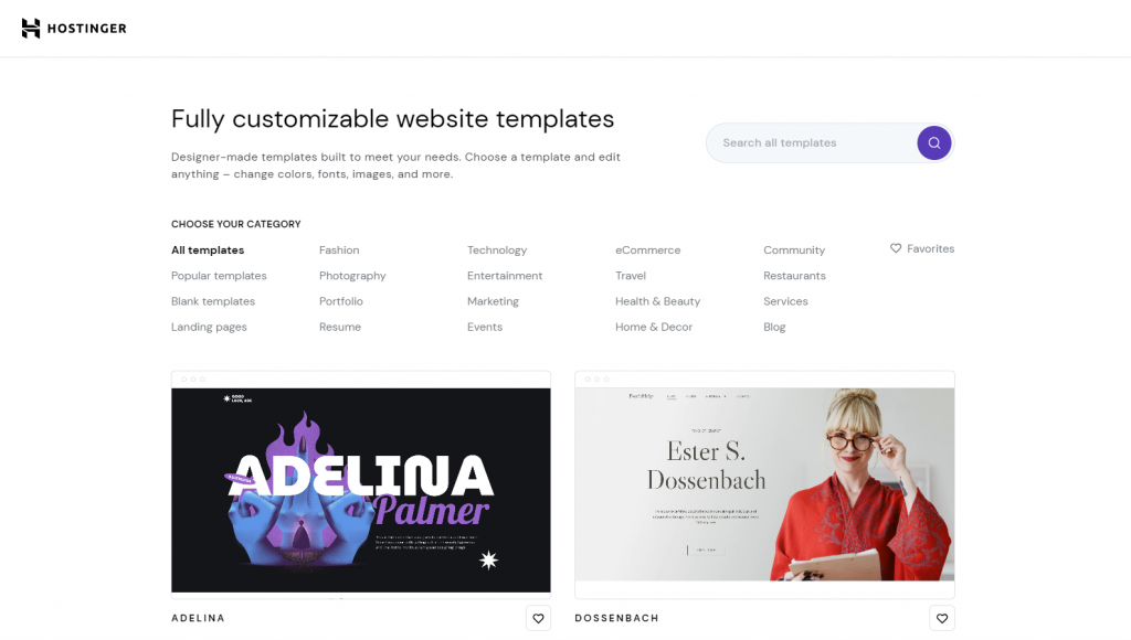 Hostinger Website Builder's fully customizable website templates