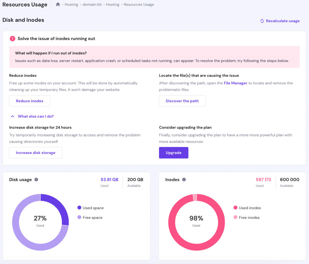 The Resources Usage page on hPanel. Four troubleshooting steps are displayed since the client reached their inode limit