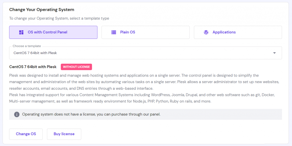 The menu for changing the VPS operating system in hPanel