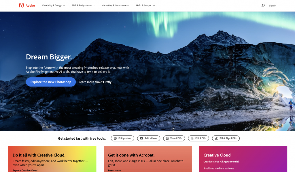 Adobe landing page