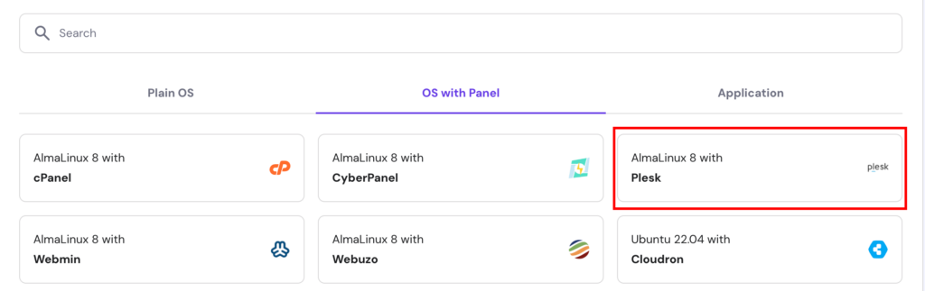 Hostinger's hPanel VPS operating system tab with Plesk highlighted