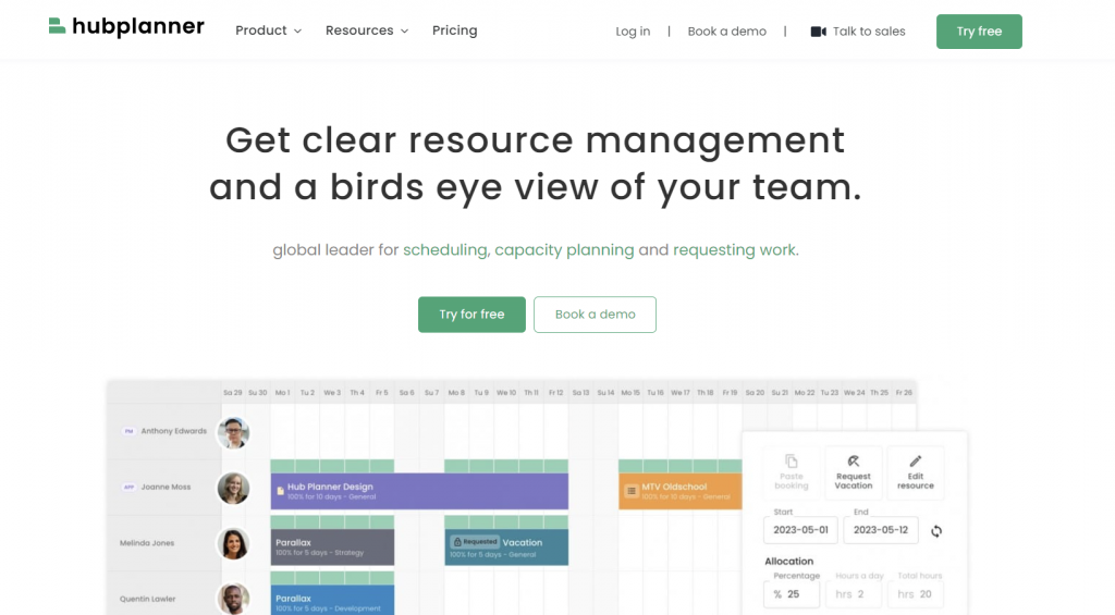 Hub Planner's landing page