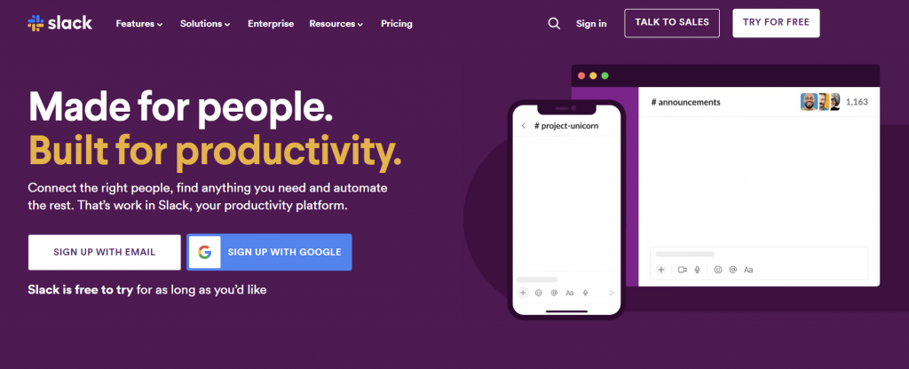 Slack's landing page