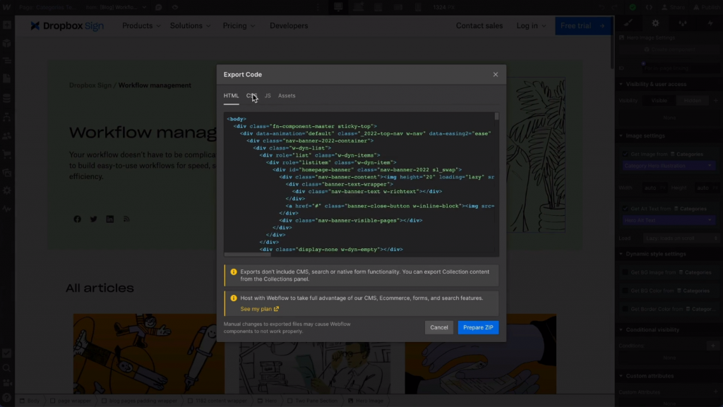 Webflow's export code feature.