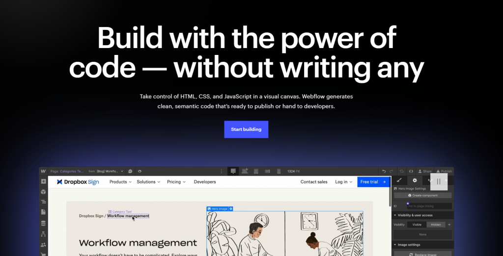 The homepage of Webflow's website.