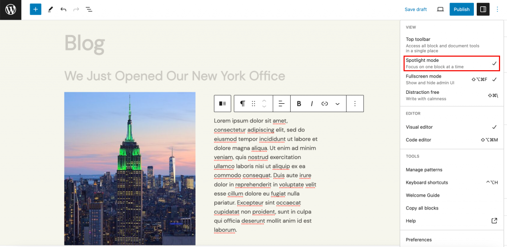 The Gutenberg Spotlight Mode in action