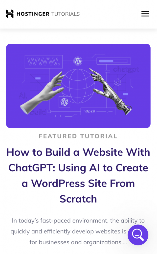 Hostinger Tutorials page as viewed from a mobile device