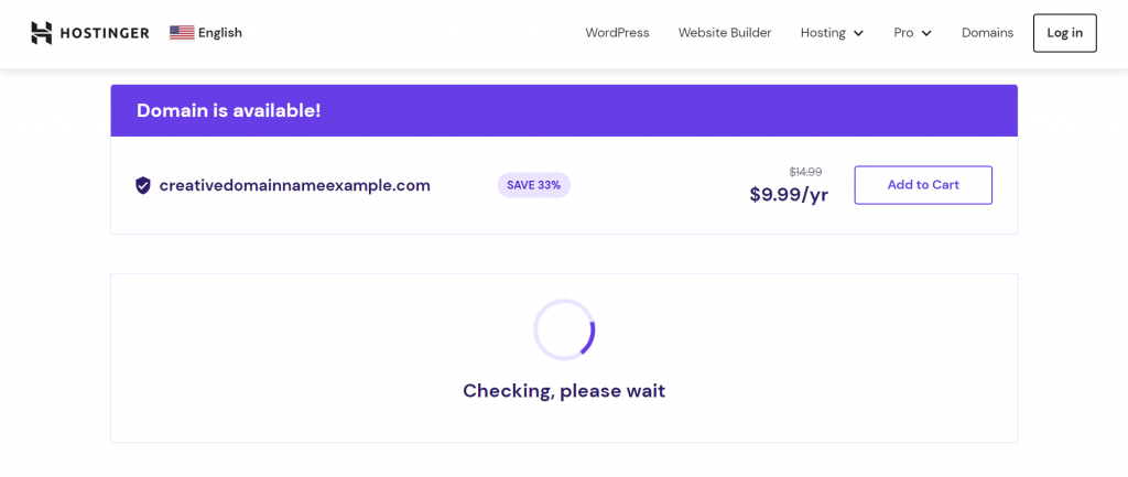 Example of an immediate feedback in the form of a loading indicator on Hostinger's domain checker