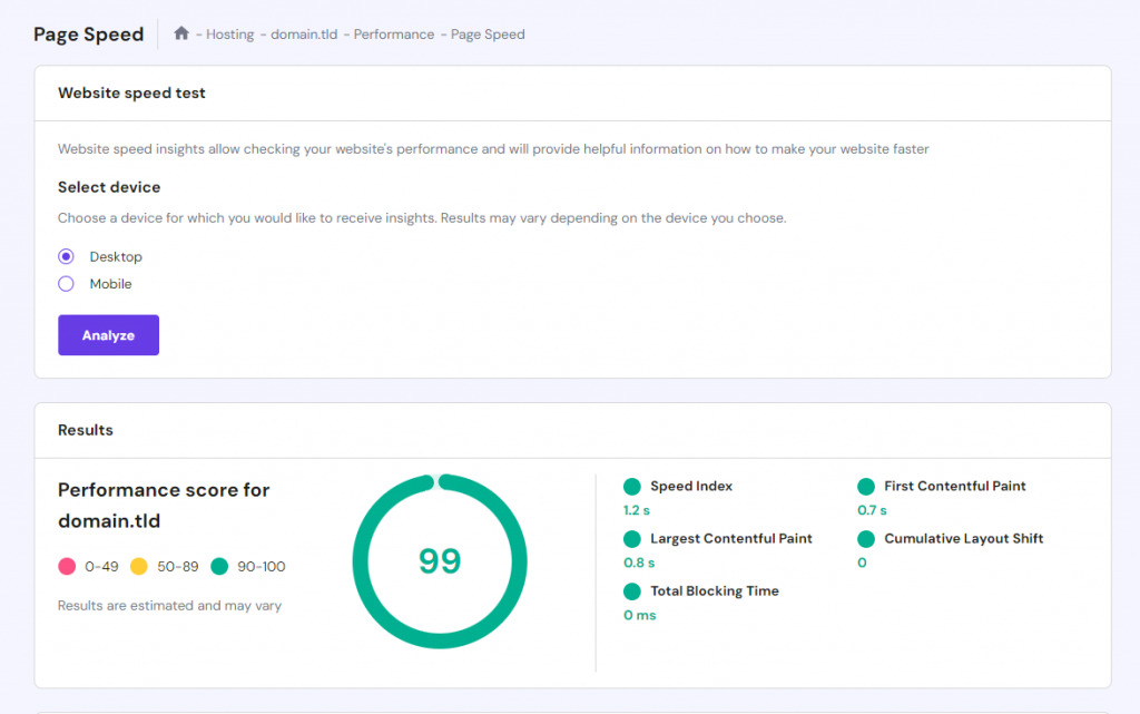 Hostinger's PageSpeed Insights integration on hPanel