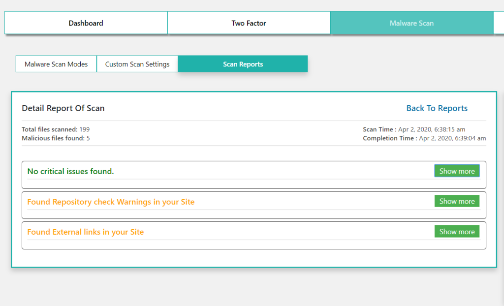 miniOrange Malware Scanner interface
